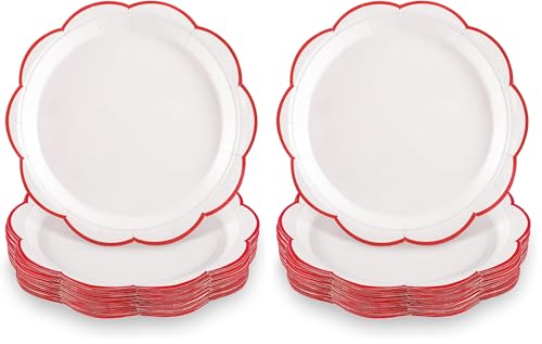 Image of NatNarr 30 Pcs Red and White Paper Plates, 7 Inch White Plates with Red Trim Scalloped Valentine's Paper Plate Disposable for Valentine's Day, Baby Shower, Wedding, Bridal Shower (Pack of 2)