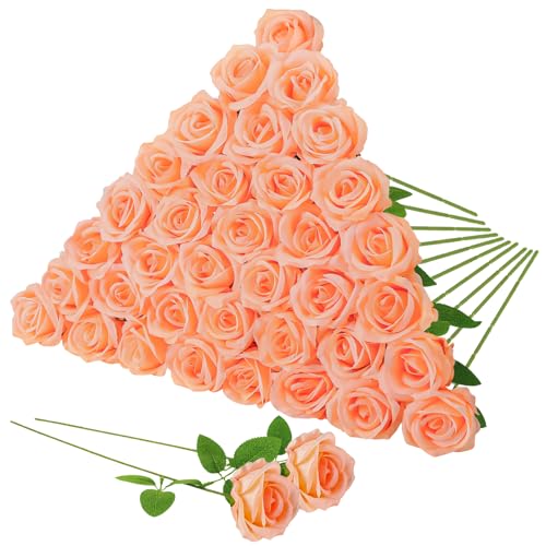 Hoemwarm 36 Pcs Peach Pink Artificial Roses with Long Stems