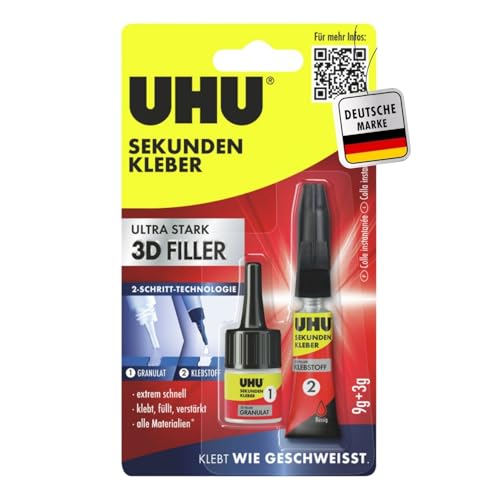 UHU Sekundenkleber Set (3g + 9g) | 2-Phasen-Sekundenkleber extra stark & Füllgranulat | Reparaturkleber flüssig für u.a. Kunststoff, Metall, Porzellankleber | Superkleber & Kunststoffkleber