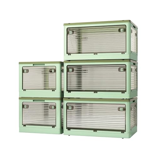 WARABI KK 収納ボックス 折り畳み 収納ケース 折りたたみ 収納箱 5個入 5面開き キャスター付き 蓋付き 積み重ね 収納ボックス 組立簡単 家庭用 屋外 収納コンテナ 防塵 防カビ 防湿 多機能 M|47.5*35.5*24cm グリーン