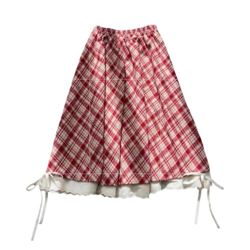 Y2K Sweet Wind Red Plaid Half Length Skirt with Women's Lace, High Waist, Slim Look, Medium Length Skirt