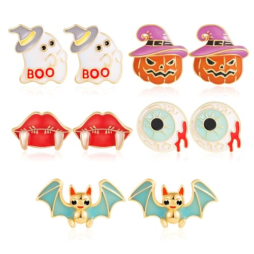 SLOONG 5-Paris Cute Halloween Stud Earrings for Women Luminous Bat BOO Ghost Pumpkin Earrings Set Eye Vampire Stud Earring Hallowee Jewelry Accessories Hypoallergenic