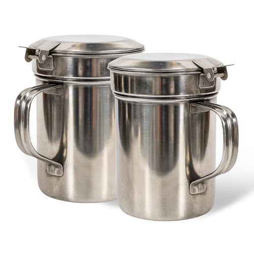 Grasera de Pescado y Carne, Aceiteras para Aceite Usado, Recipiente Aceite con Filtro Metálico, Apto para Aceite Caliente, Conserva el Aceite sin impurezas, Capacidad 550 ml, Acero Inoxidable, 2 uds