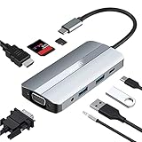 ✅8 en 1 Hub: USB C a HDMI 4K@30Hz, VGA 1920*1080P, puerto USB 3.0/2.0, lector de tarjetas TF, lector de tarjetas SD, puerto de carga rápida PD de 100W y conector de audio de 3,5mm. Todos los puertos del hub pueden funcionar simultáneamente excepto el lector de tarjetas SD y TF.