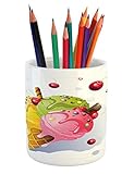 Lunarable Colorful Pencil Pen Holder, Delicious Tasty Ice Cream on Cone with Cherries Bonbon Candies Chocolate Vibrant, Printed Ceramic Pencil Pen Holder for Desk Office Accessory, Multicolor