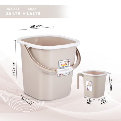 Image of RATAN PLASTICWARE Premia Bathroom Set (Bucket 5L X 1) + (Bucket 25L X 1) + (Mug 1.5L X 1) + (Small Stool X 1) - Desert Rose|Easy to Carry | Perfect for Use in Bathrooms, Kitchen & Wet Utility Areas