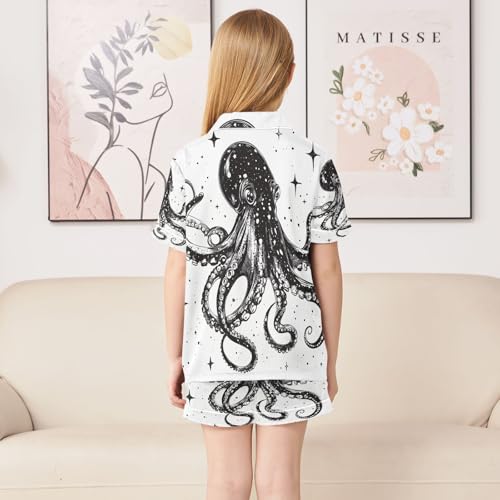 ALAZA Black Octopus Star White Satin Pajamas Set Short Sleeve Button Down Sleepwear Summer Pjs 2 Piece4