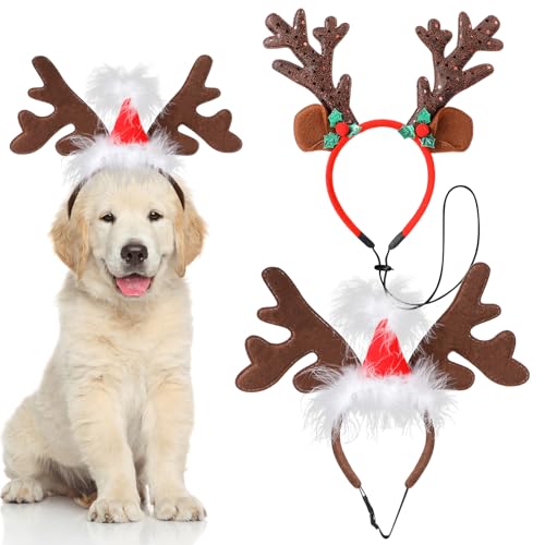 QKURT 2 Pack Dog Christmas Elk Reindeer Antlers Headbands, Xmas Elk Hat Headwear for Dogs, Pet Headband with Santa Hat, Small & Medium Dog Xmas Costume