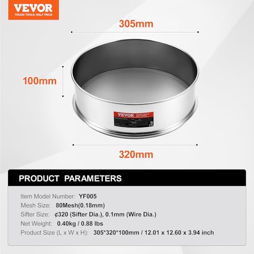 Image of VEVOR Flour Sieve, 80 Mesh Strainer, 304 Stainless Steel Fine Mesh, Dia. 12.6 inch, inchSifter for Baking, 5 Sizes Mesh hole for Mungbean, Rice, Flour, Pearl Powder