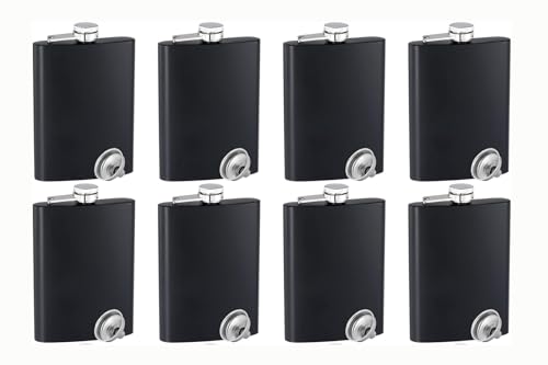 Black Flask Stainless Steel with Funnel,8 Oz, Set of 8