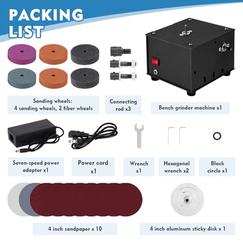 3-in-1 Mini Bench Grinder Polisher, Benchtop Disc Sander, Seven Speed Adjustable, 4 inch Sanding Disc Polishing Machine with Dual Motor Control, Includes 6 Sanding Wheels and 10 Sandpapers - Image 6