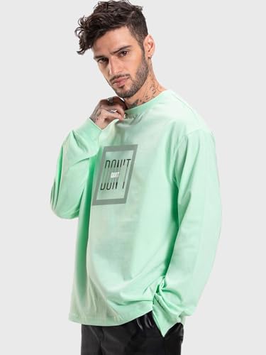 Image of Bewakoof Men's 100% Cotton Graphic Print Oversized Fit Full Sleeve Round Neck T-Shirt | Casual Wear | Street Wear | Oversized t Shirt for Men Cotton | Baggy