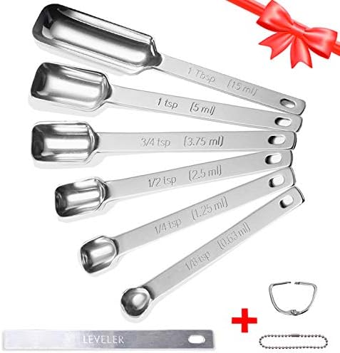 Heavy Duty 18/8 Stainless Steel Measuring Spoons Set with Leveler and Ring Holder, Narrow Accurate Measuring Spoons Fits in Spice Jars, Set of 6