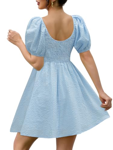 Image of Womens Babydoll Dress 2026 Summer Casual Puff Sleeve V Neck Cute Boho Smocked Flowy Short Sundress Beach Mini Dresses