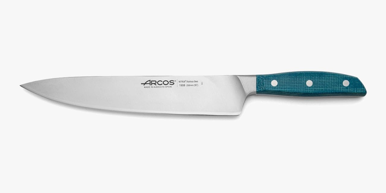 Arcos Cuchillo Chef Forjado Acero Inoxidable Tamaño. Mango Profesional Micarta y BorSeda Especial con Hoja Plateada 250 mm. Impresiona yorprencon Cada Corte. Serie Brooklyn. Color Azul.