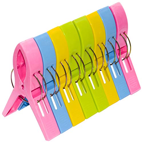 O-Best 8 Pack Bright Color Beach Towel Clips for Beach Chair Pool Chairs Cruise- Plastic Towel Clamp Clip Holder -Jumbo Size- Keep Your Towel from Blowing Away, Clothes Lines (8Pack)