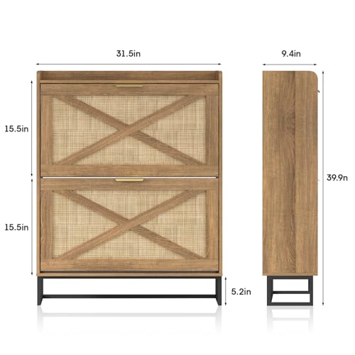 Image of Maupvit Shoe Storage Cabinet with 2 Rattan Flip Drawers, Freestanding Organizer with Metal Legs for Entryway, Narrow Shoe Rack Cabinet, Hidden Golden Handles, Rustic Oak Rattan