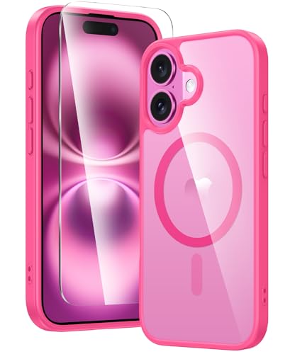 FNTCASE for iPhone 16 Case Clear: Magnetic Phone Cases Compatible with Magsafe Slim Anti Yellowing Military Grade Drop Protection Rugged Protective Transparent Cell Cover (D-Hot Pink Magnetic)