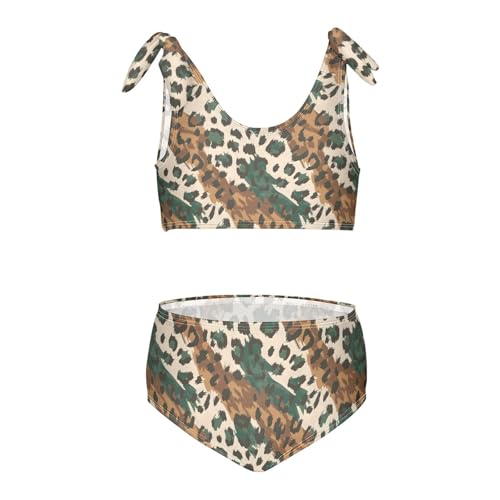 Leopard Skin Pattern Girls Two Piece Tankini Swimsuits Summer Bathing Suit Beach Swimwear Set, 7-8T