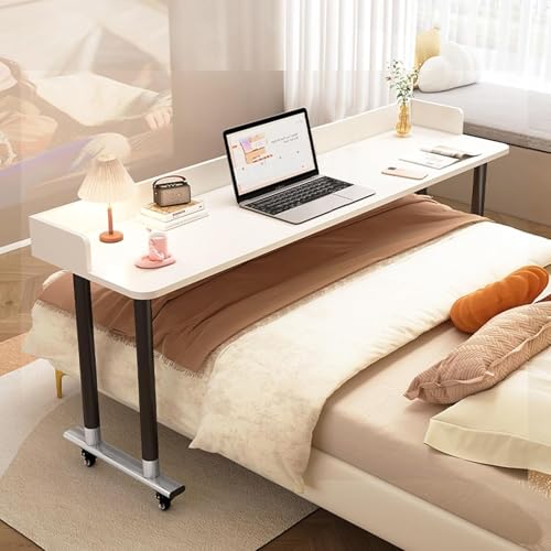 SHHEG Breite Überbetttisch mit Rollen Höhenverstellbarer, mobiler Steh-Laptoptisch mit schweren Metallbeinen, Queen-Bett-Tisch, rollender medizinischer Überbett-Tisch für Zuhause(White1,120cm)