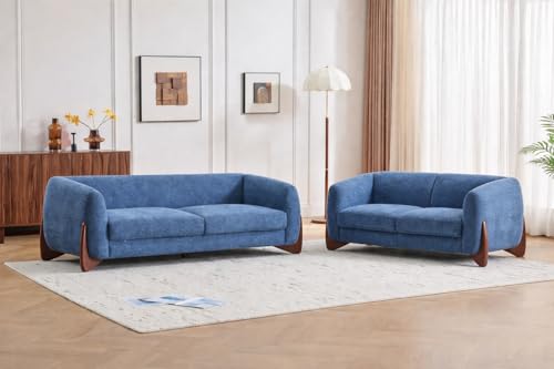 Image of Upholstered 3 Seater Sofa Three Seater Sofa with Wooden Legs for Living Room Hotels & Offices (3+1+Puffy Boucle Blue)