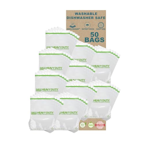 50 x HEAVY DUTY 5mils Thick Dishwasher-Safe STAND-UP Reusable Bags, US-MADE, Extra Durable Washable Reclosable Food Storage Extra Large Bags, XXL 12"x16" 2-Gallon 50-Pack