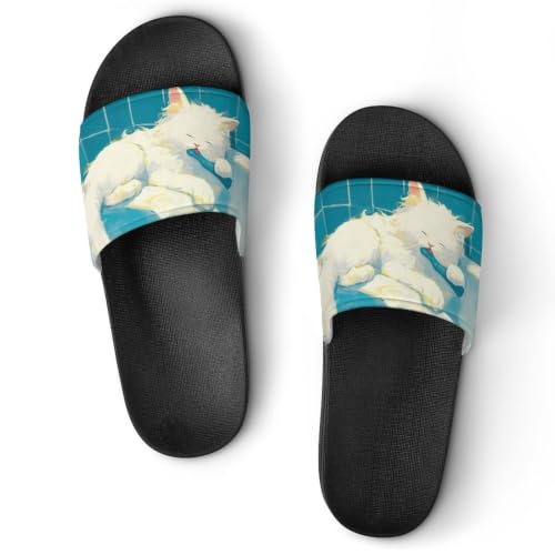 Chaussons de maison chat blanc unisexe - Claquettes de douche pour moments de détente SPA
