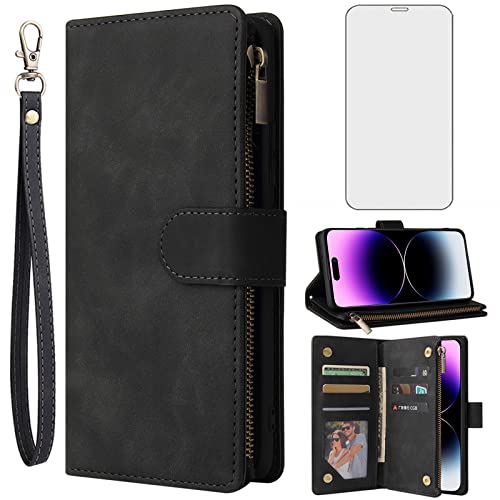 Étui portefeuille iPhone 14 Pro Max avec porte-cartes clapet verre trempé noir