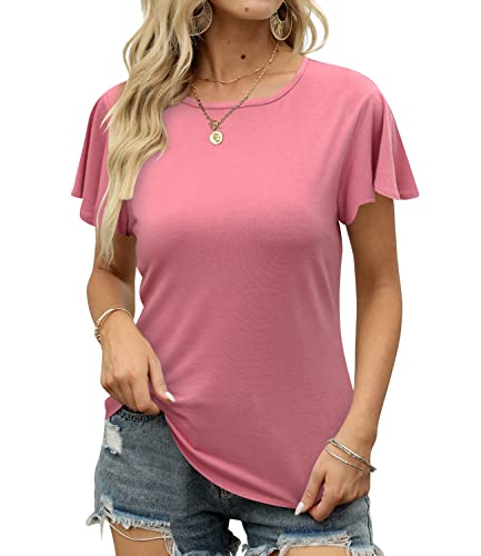 Alimasha Womens Tshirt Ruffle Short Sleeve Round Neck Tunic Casual Tops Loose Fit Ruffle Loose Fit Flowy Summer T-Shirts #TOP20