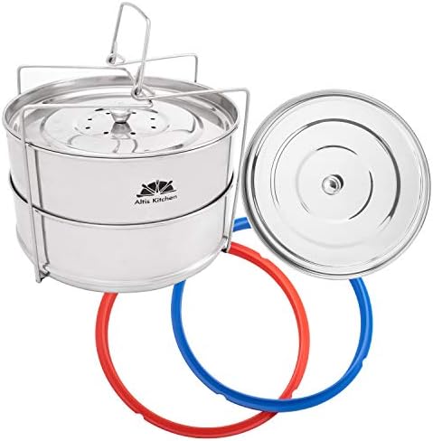 Altis Kitchen Pressure Cooker Steamer Insert Pans Set: 2-Tier Stainless Steel Steamer Pans for 6Qt Cooker Silicone Sealing Rings Stackable Food Steamer Insert w/Lids for Instant Pot Accessories