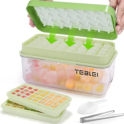 TEBLEI Ice Cube Tray with Lid and Bin, 64 Pcs Silicone Ice Cube Molds for Freezer, Easy Release & Save Space, 2 Trays, Tong, and Scoop, for Whiskey, Cocktail | Food Grade PP
