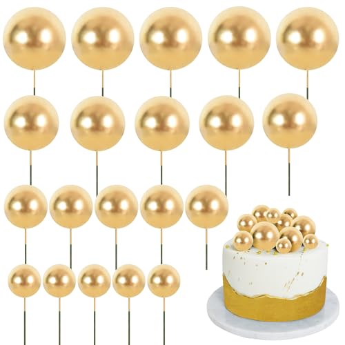 BEISHIDA 20 PCS Gold Mini Ball Cake Toppers Foam Cake Balls Decoration Supplies for Happy Birthday Anniversary Wedding Baby Shower Graduation Christmas Cake Decorations