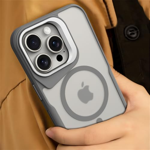 Image of eller sante Roxane Magpro Back Cover Case for iPhone 16 Pro Scratch Resistant Camera Screen Protector TPU Shockproof with Stand Holder Mag-Safe Wireless Charging- Grey