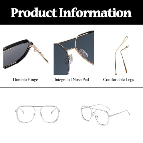 Image of LJCZKA Pilot Blue Light Blocking Glasses Women Men 70s Square Metal Frame Oversized Double Bridge Computer Gaming Eyeglasses