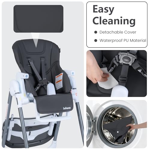 Image of INFANS High Chair for Babies and Toddlers, Foldable Highchair with 7 Different Heights 4 Reclining Backrest Seat 3 Setting Footrest, Removable Tray Built-in Rear Wheels with Locks