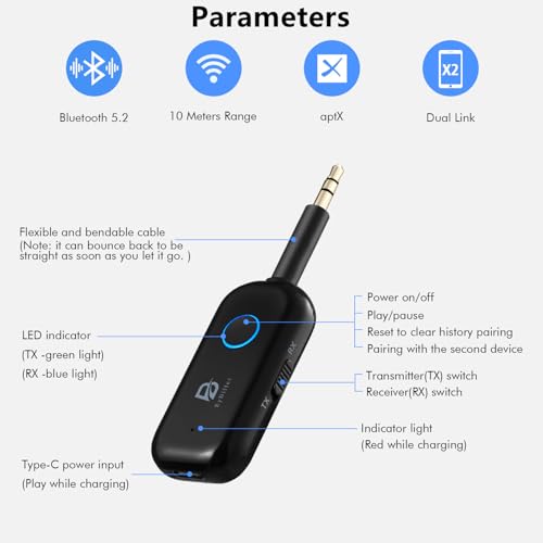 Image of Bluetooth 5.2 Audio Transmitter Receiver for TV, 2 BT Devices Connections | Bluetooth Transmitter for Headphones, 3.5mm Jack Aux Airplane Headphone Adapter for Car /Home Stereo
