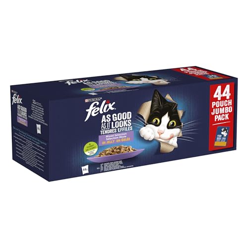 FELIX Fantastic, Comida Húmeda para Gato Adulto, Gelatina, Surtido de Buey, Pollo, Salmón y Atún, Pack de 44 Sobres de 85 g