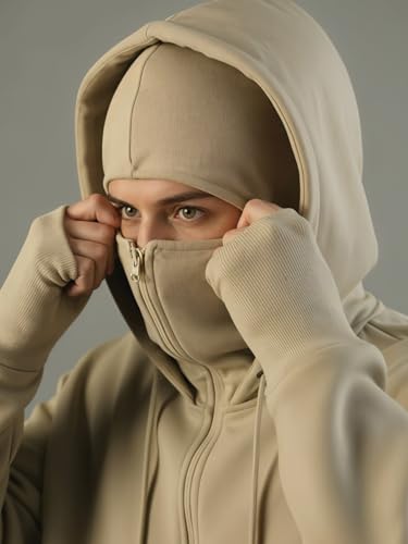 Image of ADRO Men Balaclava Hoodies | 320 GSM Soft Cotton Zipper Hoodie | Thumb-Hole Cuff Gloves | Travel Jacket with Hood | Winter Sweatshirt