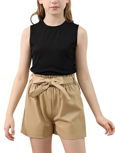 Image of GORLYA Girls 2 Piece Clothing Outfits Summer Casual Rib Knit Tank Tops and Paperbag Waist Belted Linen Short Sets 6-14Y