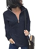 Womens 1/4 Zip Pullover Sweater Loose Fit Long Sleeve V Neck Winter Quilted Sweatshirt Jacket Navy B