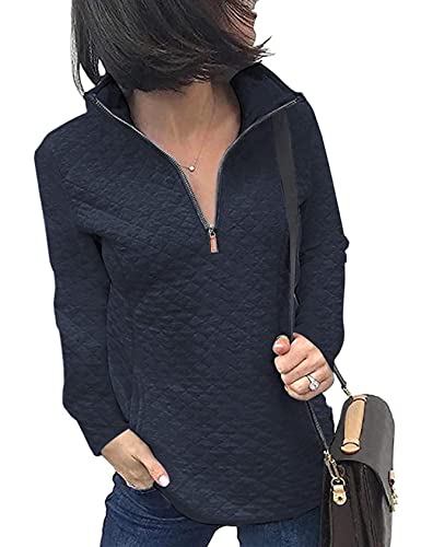 Womens 1/4 Zip Pullover Sweater Loose Fit Long Sleeve V Neck Winter Quilted Sweatshirt Jacket Navy Blue L #TOP14