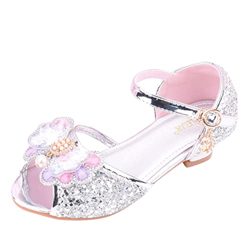 Girls Mary Jane Rhinestone Bow Shoes Low Heel Princess Flower Wedding Party Dress Shoes for Kids Toddler Summer (Silver, 11 Little Child)