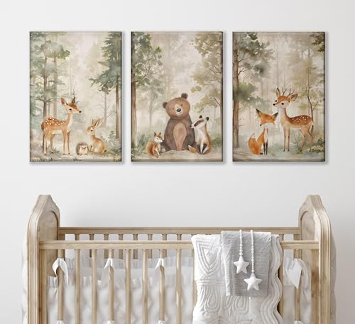 MIZILI 3Pcs Woodland Animal Nursery Canvas wall art Wild Animals Forest Paintings Pictures Wall Decor Fox Bear Deer Watercolor Poster Printing Artwork for Boys Room Girls Room Home Decoration - Image 4
