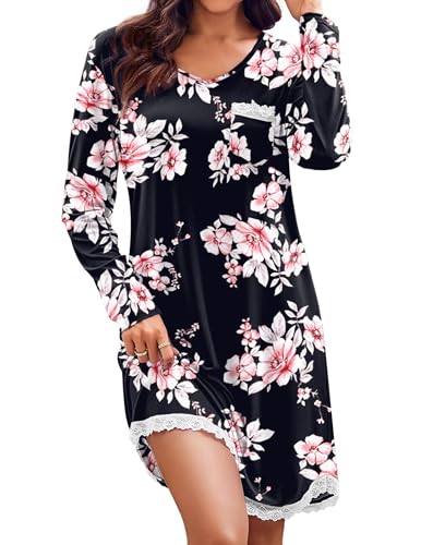 Ekouaer Women's Cute Sleepwear Long Sleeves Nightgown Print Tee Sleep Dress