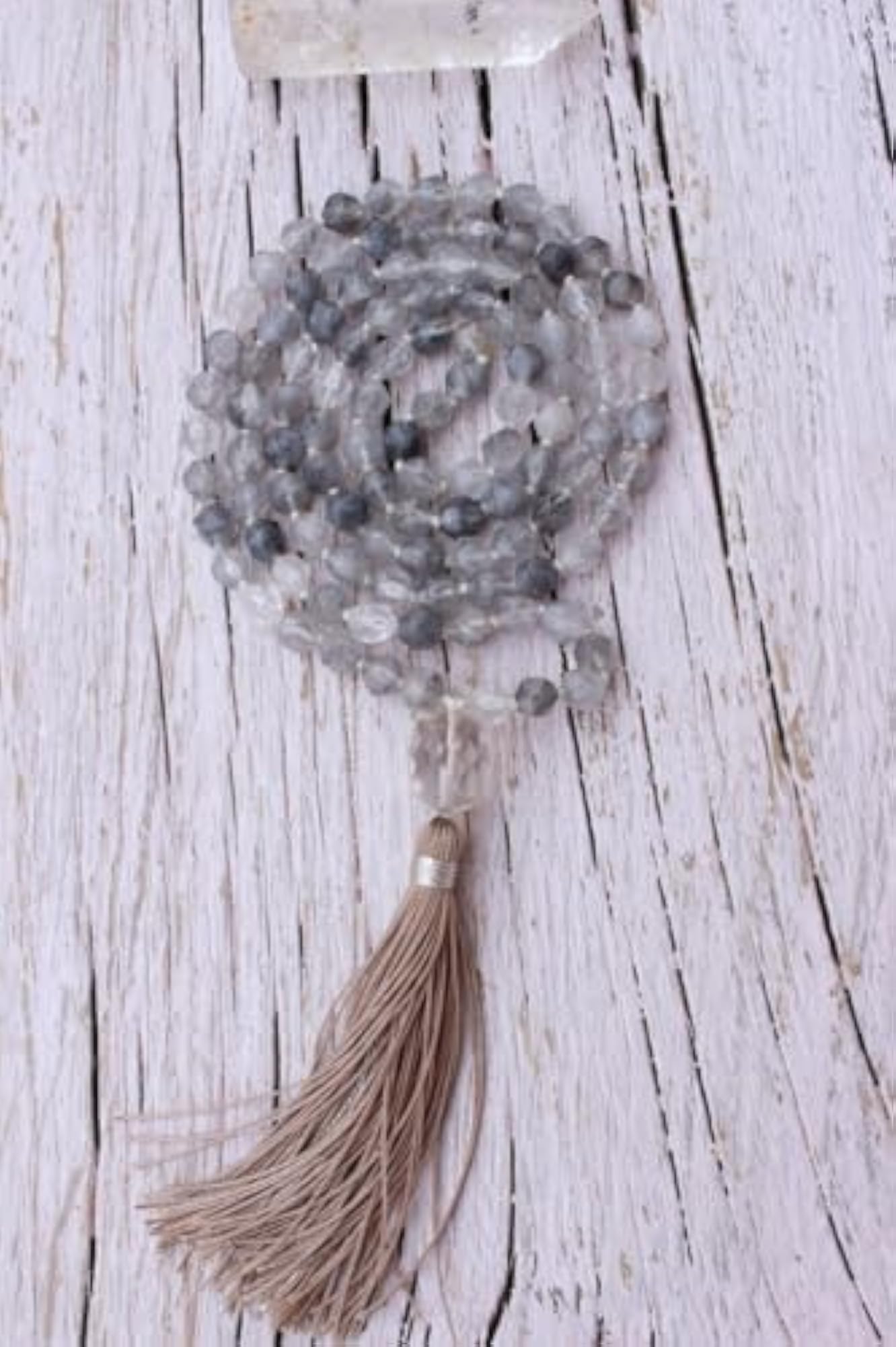 Natural Grey Agate & Clear Quartz 108+1 Beads Prayer Mala Necklace