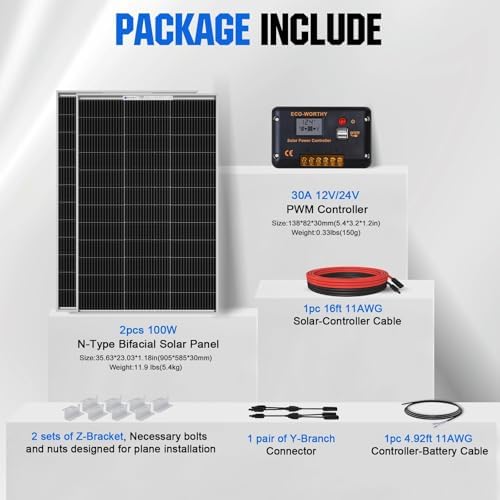 ECO-WORTHY 200 Watts 12 Volts Solar Panel Kit with N-Type Bifacial Solar Panel and 30A PWM Charge Controller for RV, Camper, Shed, Trailer, Cabins, Water Pump and Any Other Off Grid Applications - 2