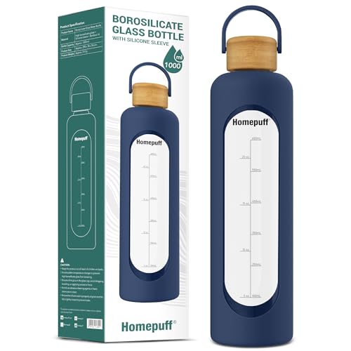 Image of Home Puff Borosilicate Glass Water Bottle With Silicone Cover Sleeve (1000ml) | Airtight, Leak-Proof Bamboo Lid, BPA-Free, Eco-Friendly, Reusable Bottle for Fridge, Gym, Travel, Office, Home (Blue)