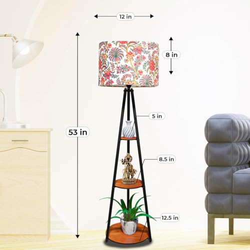 Image of Rellon Floor Lamp with 3 Storage Shelves, Metal FloorLamp for Living Room Standing Home Decoration FloorLamp Shade Reading for,Office,Kitchen,Bedroom (A6)