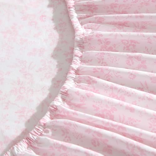 Image of Laura Ashley - Queen Size Sheet Set, Crisp & Lightweight Cotton Percale Bedding with Fitted Sheet and Pillowcases, Floral Room Decor, Deep Pocket, College Dorm Room Essentials (Floral Toile Pink)