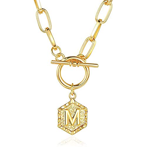 Hexagon Initial Letter Pendant Necklace 14K Gold Plated Paperclip Chain Necklace with Toggle Clasp Charm Minimalist Choker for Women
